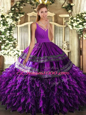 V-neck Sleeveless Backless Quinceanera Dress Purple Satin and Organza
