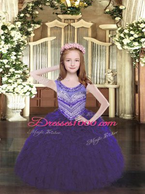 Latest Floor Length Lace Up Little Girls Pageant Dress Purple for Party and Quinceanera with Beading and Ruffles