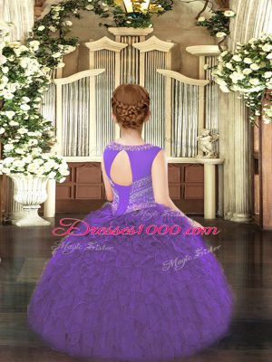 Latest Floor Length Lace Up Little Girls Pageant Dress Purple for Party and Quinceanera with Beading and Ruffles