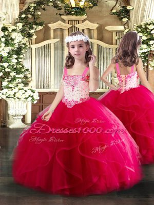 Most Popular Red Sleeveless Floor Length Beading and Ruffles Lace Up Ball Gown Prom Dress