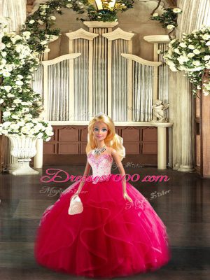 Most Popular Red Sleeveless Floor Length Beading and Ruffles Lace Up Ball Gown Prom Dress