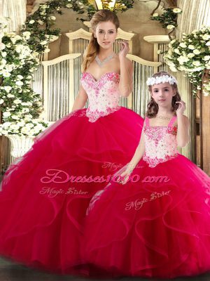 Most Popular Red Sleeveless Floor Length Beading and Ruffles Lace Up Ball Gown Prom Dress