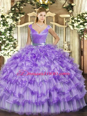 Lavender Organza Zipper V-neck Sleeveless Floor Length Quinceanera Gown Ruffled Layers