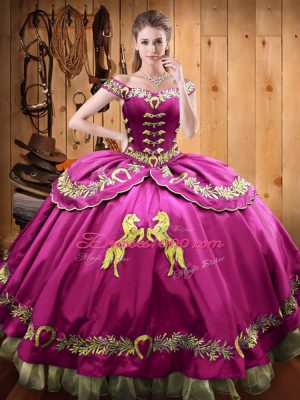 Stunning Fuchsia Satin and Organza Lace Up Sweet 16 Dress Sleeveless Floor Length Beading and Embroidery