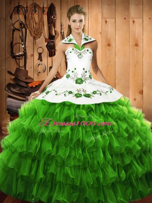 Modern Halter Top Sleeveless Lace Up Quinceanera Gowns Satin and Organza