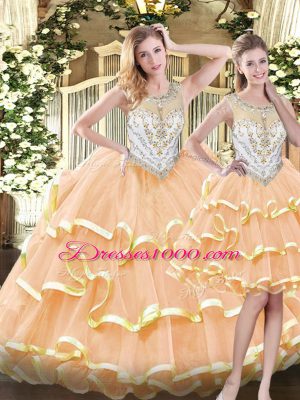 High Quality Peach Organza Zipper Scoop Sleeveless Floor Length Sweet 16 Quinceanera Dress Beading and Ruffled Layers