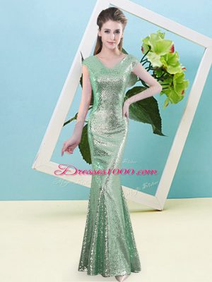 Eye-catching Turquoise V-neck Neckline Sequins Prom Dress Cap Sleeves Zipper