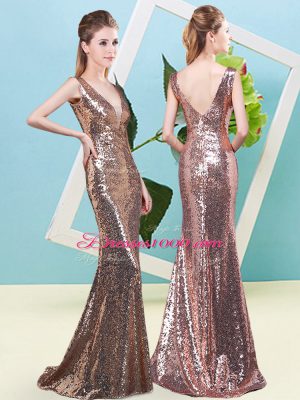 Gold Zipper Prom Gown Sequins Sleeveless Floor Length