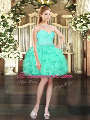 Aqua Blue A-line Beading and Lace and Ruffles Dress for Prom Lace Up Organza Sleeveless Mini Length