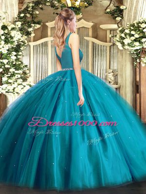 V-neck Sleeveless Tulle Quinceanera Dress Beading Zipper