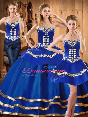 Beauteous Blue Satin and Tulle Lace Up Sweetheart Sleeveless Floor Length Quince Ball Gowns Embroidery