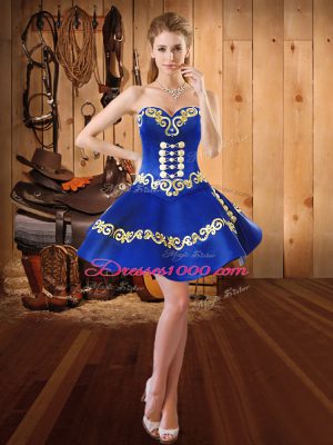 Beauteous Blue Satin and Tulle Lace Up Sweetheart Sleeveless Floor Length Quince Ball Gowns Embroidery