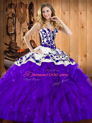 Purple Lace Up Quinceanera Gown Embroidery and Ruffles Sleeveless Floor Length