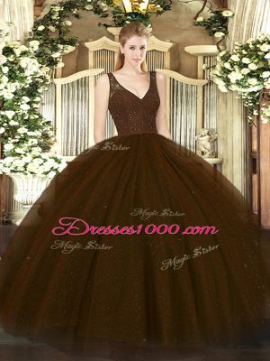 Customized V-neck Sleeveless Quinceanera Dresses Floor Length Beading and Lace Brown Tulle