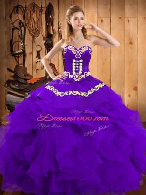 Popular Purple Ball Gowns Sweetheart Sleeveless Satin and Organza Floor Length Lace Up Embroidery and Ruffles Sweet 16 Quinceanera Dress