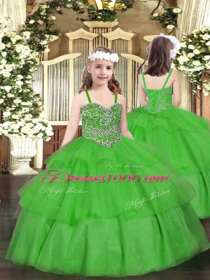 Green Ball Gowns Beading and Ruffled Layers Pageant Gowns For Girls Lace Up Organza Sleeveless Floor Length