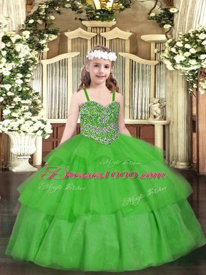 Green Ball Gowns Beading and Ruffled Layers Pageant Gowns For Girls Lace Up Organza Sleeveless Floor Length