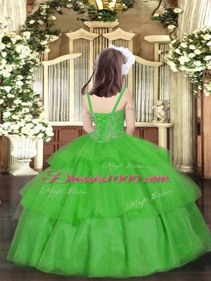 Green Ball Gowns Beading and Ruffled Layers Pageant Gowns For Girls Lace Up Organza Sleeveless Floor Length