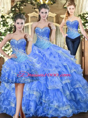 Glamorous Baby Blue Lace Up Sweetheart Beading and Ruffles Quinceanera Dresses Tulle Sleeveless