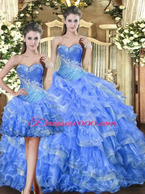 Glamorous Baby Blue Lace Up Sweetheart Beading and Ruffles Quinceanera Dresses Tulle Sleeveless