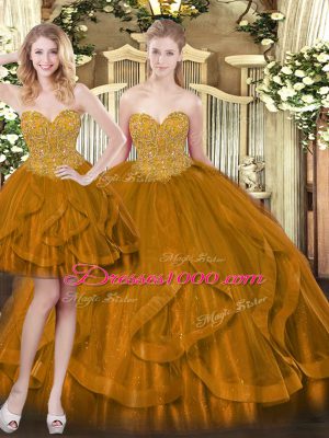 High Class Floor Length Lace Up Sweet 16 Dresses Brown for Military Ball and Sweet 16 and Quinceanera with Beading and Ruffles