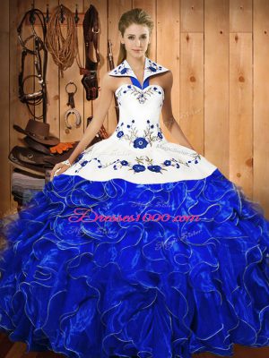 Blue And White Satin and Organza Lace Up 15 Quinceanera Dress Sleeveless Floor Length Embroidery and Ruffles