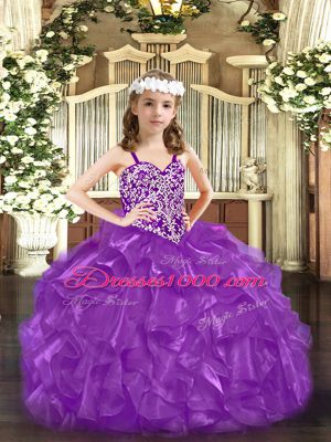 Ball Gowns Little Girls Pageant Gowns Purple Straps Organza Sleeveless Floor Length Lace Up