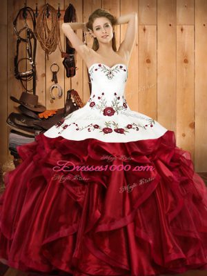 Comfortable Sleeveless Organza Floor Length Lace Up Quinceanera Gowns in Wine Red with Embroidery and Ruffles