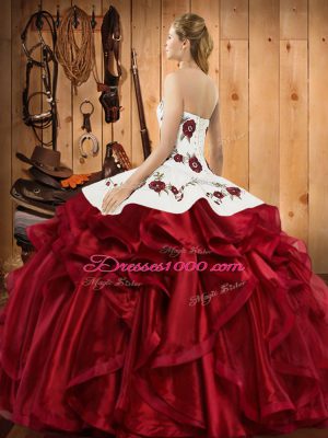 Comfortable Sleeveless Organza Floor Length Lace Up Quinceanera Gowns in Wine Red with Embroidery and Ruffles