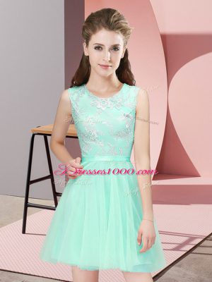 Scoop Sleeveless Quinceanera Court Dresses Mini Length Lace Apple Green Tulle