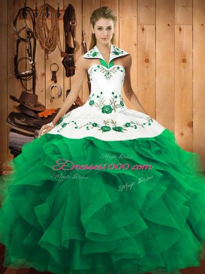 Halter Top Sleeveless 15 Quinceanera Dress Floor Length Embroidery and Ruffles Turquoise Tulle