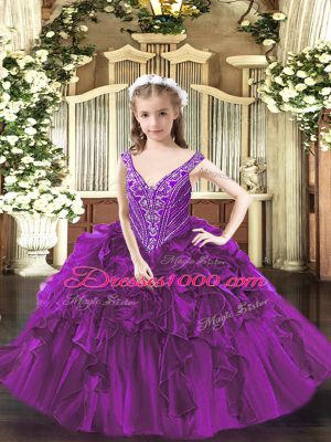 Purple Ball Gowns V-neck Sleeveless Organza Floor Length Lace Up Beading and Ruffles Pageant Gowns