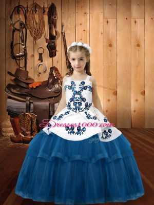 Most Popular Floor Length Lace Up Party Dress for Girls Blue for Sweet 16 and Quinceanera with Embroidery