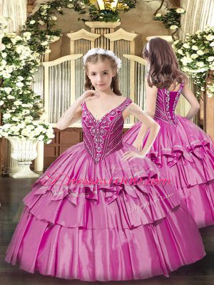 Fuchsia Sleeveless Beading and Ruffled Layers Floor Length 15 Quinceanera Dress