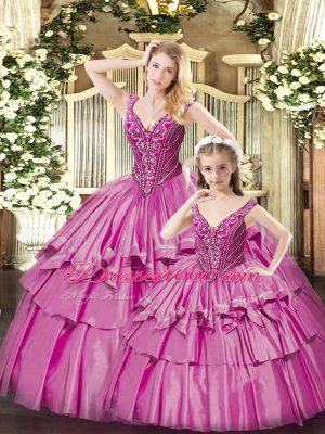 Fuchsia Sleeveless Beading and Ruffled Layers Floor Length 15 Quinceanera Dress
