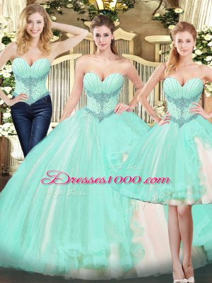 Sleeveless Floor Length Beading and Ruffles Lace Up Vestidos de Quinceanera with Apple Green