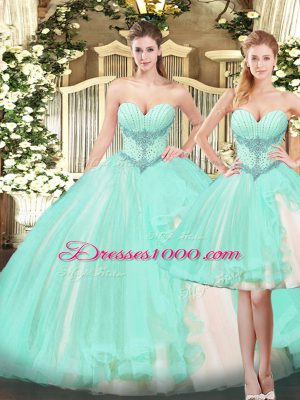 Sleeveless Floor Length Beading and Ruffles Lace Up Vestidos de Quinceanera with Apple Green