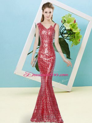 Affordable Red Mermaid Asymmetric Sleeveless Sequined Floor Length Zipper Sequins Prom Dress