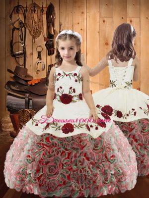 Multi-color Sleeveless Floor Length Embroidery and Ruffles Lace Up Little Girls Pageant Gowns