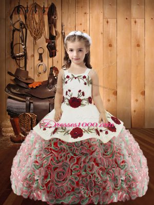 Multi-color Sleeveless Floor Length Embroidery and Ruffles Lace Up Little Girls Pageant Gowns