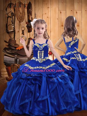 Fancy Sleeveless Floor Length Embroidery and Ruffles Lace Up Quinceanera Gown with Royal Blue