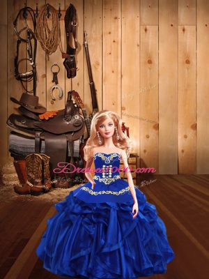 Fancy Sleeveless Floor Length Embroidery and Ruffles Lace Up Quinceanera Gown with Royal Blue