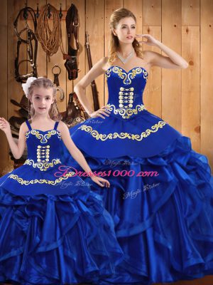 Fancy Sleeveless Floor Length Embroidery and Ruffles Lace Up Quinceanera Gown with Royal Blue