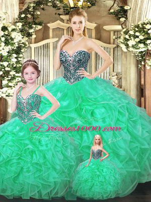 Popular Green Ball Gowns Organza Sweetheart Sleeveless Ruffles Floor Length Lace Up Quinceanera Dresses