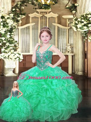 Popular Green Ball Gowns Organza Sweetheart Sleeveless Ruffles Floor Length Lace Up Quinceanera Dresses