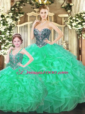 Popular Green Ball Gowns Organza Sweetheart Sleeveless Ruffles Floor Length Lace Up Quinceanera Dresses