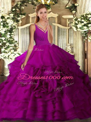 Sophisticated Fuchsia Backless V-neck Ruching Sweet 16 Dress Fabric With Rolling Flowers Sleeveless Sweep Train