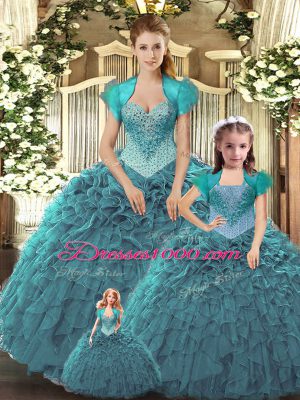 Wonderful Tulle Straps Sleeveless Lace Up Beading and Ruffles Quince Ball Gowns in Teal