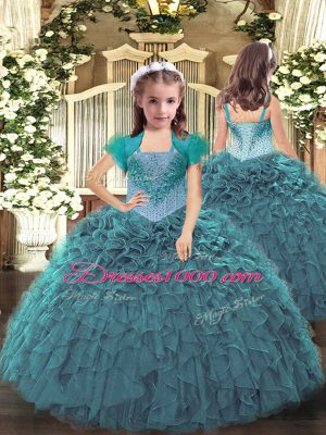 Wonderful Tulle Straps Sleeveless Lace Up Beading and Ruffles Quince Ball Gowns in Teal