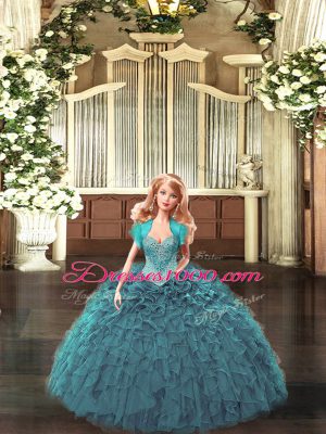 Wonderful Tulle Straps Sleeveless Lace Up Beading and Ruffles Quince Ball Gowns in Teal